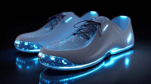 Futuristic Glowing Sneakers on Reflective Surface, Dark Background, Innovative Design - Powered by Adobe