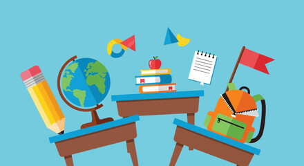 School Supplies and Desks Illustration for Education and Learning.