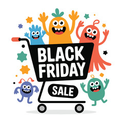 Colorful Cartoon Black Friday Sale Banner with Cute Monsters and Shopping Cart