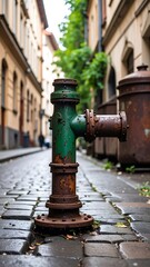 Rusty green fire hydrant in a narrow European alley