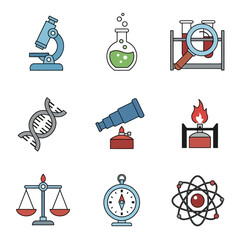 Science and Research Icons - Microscope, Beaker, DNA, Telescope, and More.