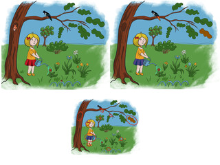  Cute colored illustration for book for finding 10 differences. 10 differences game with answers.Hand-drawn illustration featuring a girl in a garden watering colorful flowers with a watering can. 