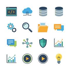 Set of flat design icons related to technology and data.