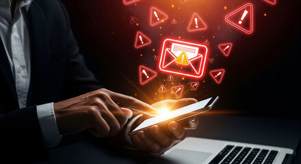 Urgent email alert on smartphone screen with warning icons glowing red, signifying cyber threat or important notification