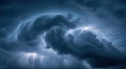 Obraz premium Dramatic dark storm clouds swirling with rays of light breaking through