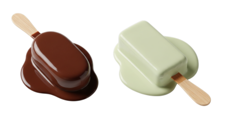 Two delicious ice cream bars melting on a white background, one coated in dark chocolate, the other in pale green.