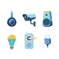 Smart Home Devices - Security Camera, Speaker, Light Bulb, Door Lock, Plug.
