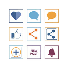 Social Media Icons Set with Heart, Comment, Like, Share, and Notification.