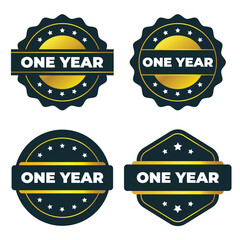 One Year Anniversary Badges. Gold and Dark Blue Vector Design