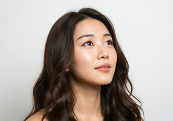 Naklejka premium Young Asian Woman with Long Wavy Hair Looking Upwards.