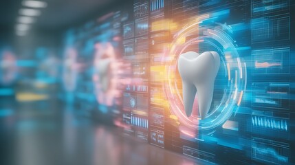 Modern Digital Dentistry Concept with Tooth Icon and Futuristic Data Visualization in Dental Care Technology Background