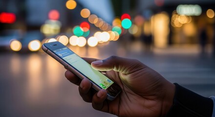African American hand holding a smartphone with illuminated screen against a blurred background of city lights at night, symbolizing urban connectivity and modern communication.