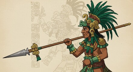 A stylized illustration of a Mayan warrior, adorned in intricate ceremonial attire, holding a spear.