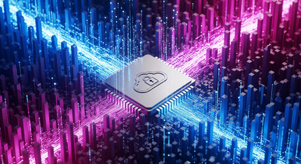 Secure cloud computing concept with glowing data streams flowing around a central processor chip and lock icon