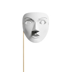 An enigmatic white theatrical mask evoking themes of identity concealment and persona