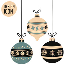 Three Hanging Christmas Ornaments with Snowflake and Star Designs.