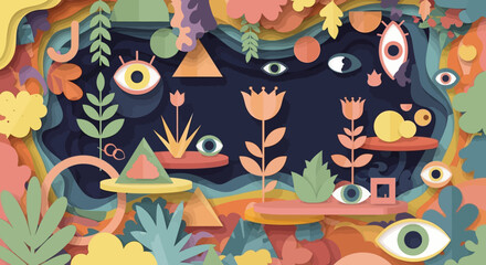 Surreal Paper Cutout Landscape with Eyes and Geometric Shapes.