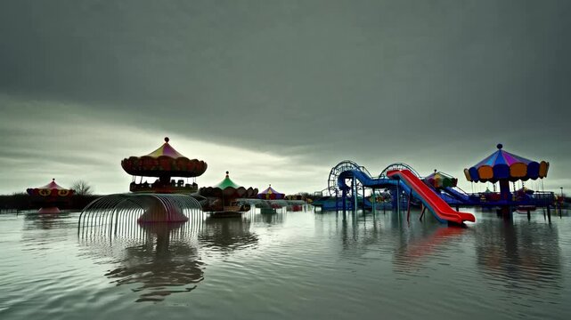 Abandoned amusement park with deserted rides, flooded with water. lack of activity creates haunting, eerie atmosphere in park. forgotten amusement park is flooded with water during flood,