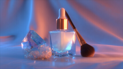 Ethereal Beauty Still Life Featuring a Serum Bottle, Brush, and Crystal, in Soft Lighting