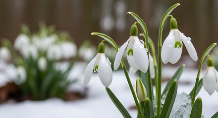 Delicate Snowdrops Emerging in Winter Snow.