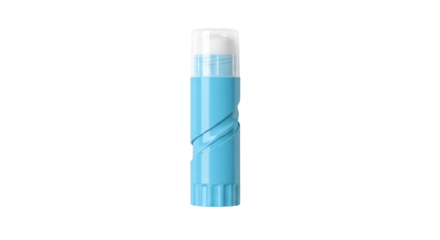 Isolated small, blue lip balm stick with clear cap, cosmetic product for lip care, single object