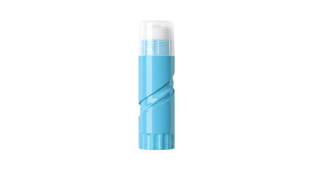 Isolated small, blue lip balm stick with clear cap, cosmetic product for lip care, single object