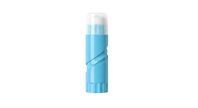Isolated small, blue lip balm stick with clear cap, cosmetic product for lip care, single object