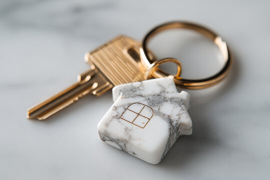 House-shaped keychain and golden key resting on a marble surface, symbolizing new beginnings in homeownership or moving