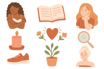 Self love and self care sticker set. Vector collection of flat icons for mental health and wellbeing. Woman, book, sport, candle, and spa elements for a balanced lifestyle.