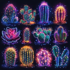 Neon Cactus Collection Glowing with Vibrant Light Art, Botanical Variety