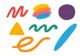 Set of colorful freehand charcoal strokes and shapes. Hand drawn abstract squiggles, scribbles, and smears. Vector illustration of bright colored crayon or pastel pencils.
