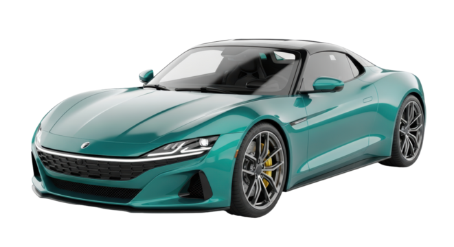 Isolated luxury teal coupe car on a seamless surface, modern automotive design aesthetic