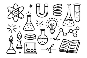 Science education research concept. Doodle chemistry, physics icon set. Hand drawn vector line art. Laboratory, experiment, school study symbols. Atom, molecule, magnet, flask.