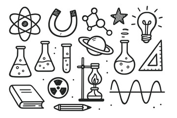 Science doodle icons set. Hand drawn vector line art. Chemistry, physics, education. School laboratory experiment equipment concept. Atom, molecule, magnet, lightbulb, planet.