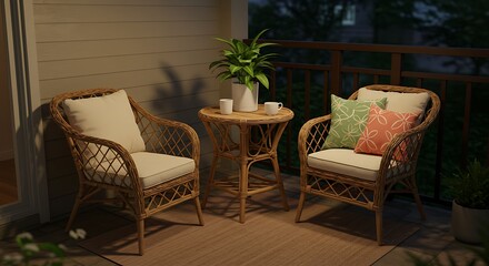 Fototapeta premium Serene Evening - Rattan Chairs and Warm Lighting on a Cozy Patio.