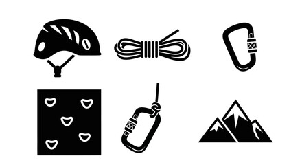 Fototapeta premium Rock climbing and mountaineering equipment vector icon set.