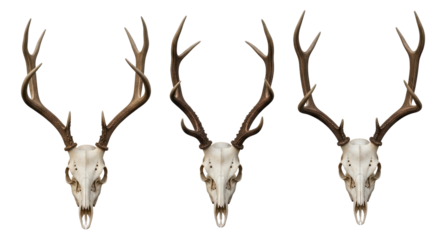 Isolated Animal skulls with antlers, wildlife trophy heads, spooky Halloween theme decor