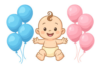 Gender reveal party vector banner element. Cute cartoon newborn baby with blue and pink balloons for the boy or girl question. Baby shower invitation or poster design.