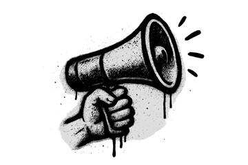 Hand holding megaphone graffiti. Spray painted loudspeaker symbol for protest, demonstration, or announcement. Grunge street art with drip effect. Activism, revolution, voice concept.