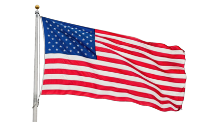 American Flag Waving on Pole Against Black Background isolated on a transparent background