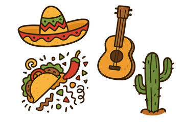 Mexican fiesta cartoon doodle set. Sombrero hat, acoustic guitar, spicy taco food, and cactus. Mexico culture celebration vector icons. Cinco de Mayo party graphic elements.