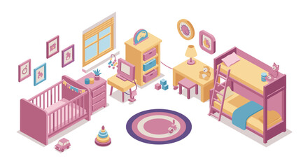 Cozy pastel isometric kids room with crib and bunk bed