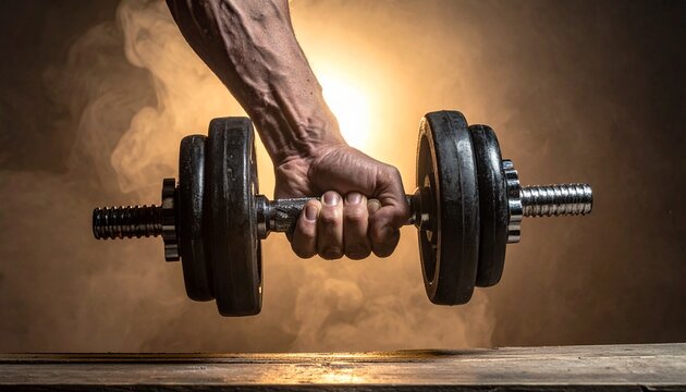 mano y antebrazo musculoso sosteniendo una mancuerna durante ejercicios en el gimnasio