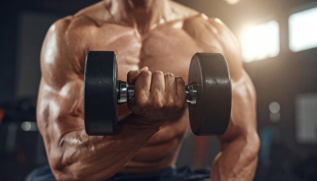 mano y antebrazo musculoso sosteniendo una mancuerna durante ejercicios en el gimnasio