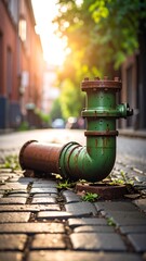 Rusty green pipe in cobblestone alley
