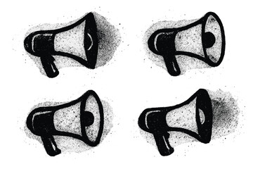 Grunge spray painted graffiti megaphone set. Dirty retro stencil design elements. Textured vector illustration for protest, announcement or communication concept. Isolated icons.