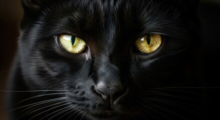 Mysterious Black Cat with Piercing Yellow Eyes Close Up