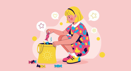 Girl Collecting Candies In A Sunshine Bag On Pink Background, Kids' Party Concept