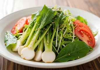 かぶ甘酢漬け - Delicious salad with fresh turnip, tomato, and mizuna on a white plate, a healthy and vibrant dish