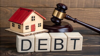 House Model with Gavel and Debt Blocks &ndash; Symbolic Housing Debt and Legal Consequences Concept, Foreclosure and Financial Crisis Illustration on Wooden Background